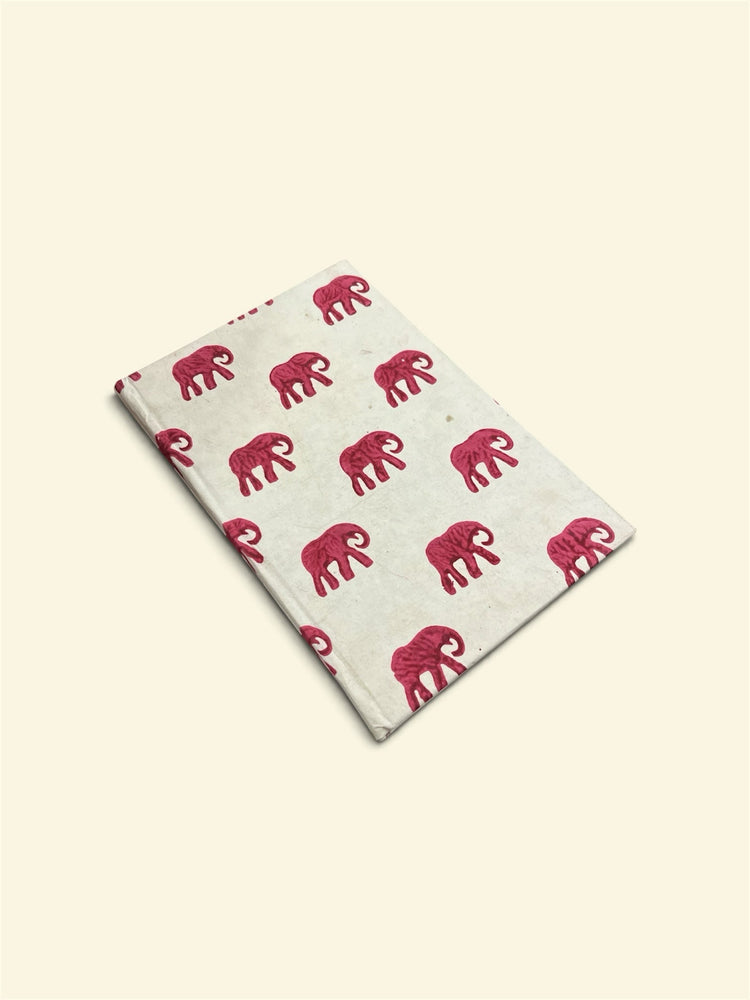 Bombay Paperie handcrafted notebook with red elephant block-print motifs on textured eco-friendly paper